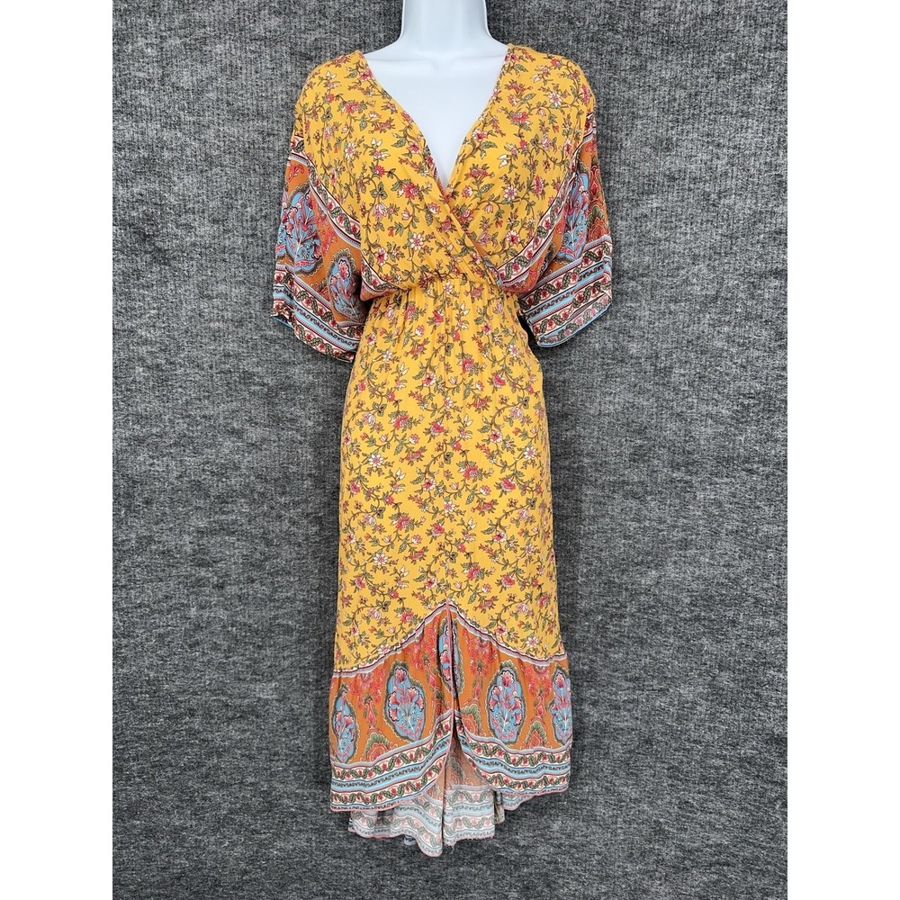 ABYOXI Dress Womens S Yellow Floral V Neck Kimono Sleeve Maxi Boho Sundress‎